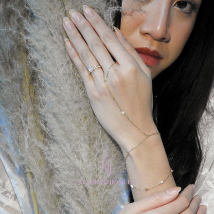 Close-up of a person's hand wearing a ring and bracelet with a neutral background